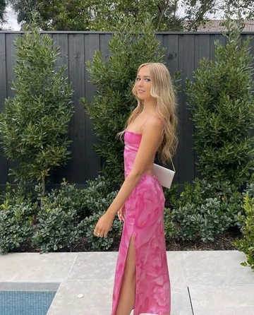 Spaghetti Straps Floral Pink Long Prom Dress Sexy Backless Party Dress HZ1023